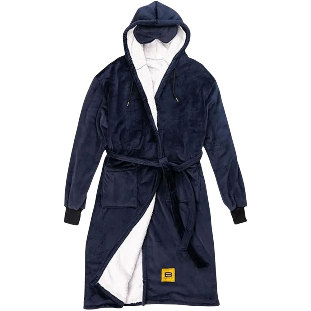 Big Blanket Co Hideout Robe Sherpa Lined One Size Navy Hooded Belted Pockets OS